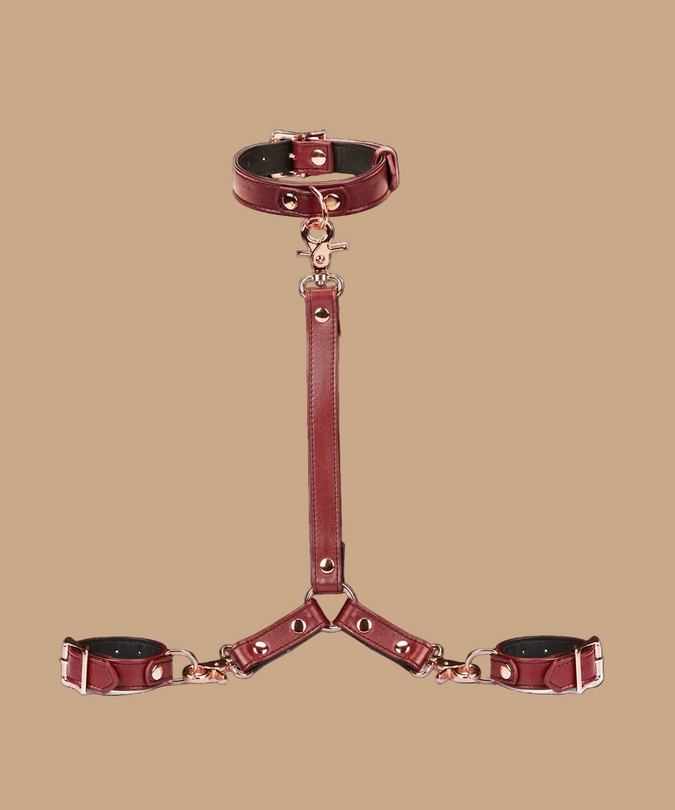 Liebe Seele Leather Collar and Wrist Cuff Harness Set – Wine Red