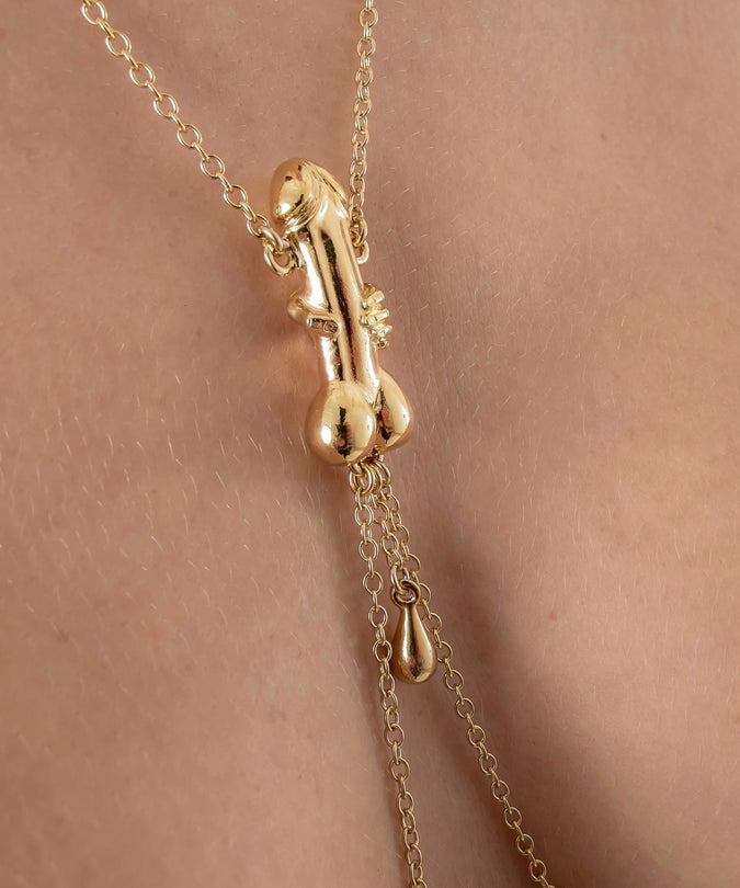 Breast Necklace Penis Sculpture Goud