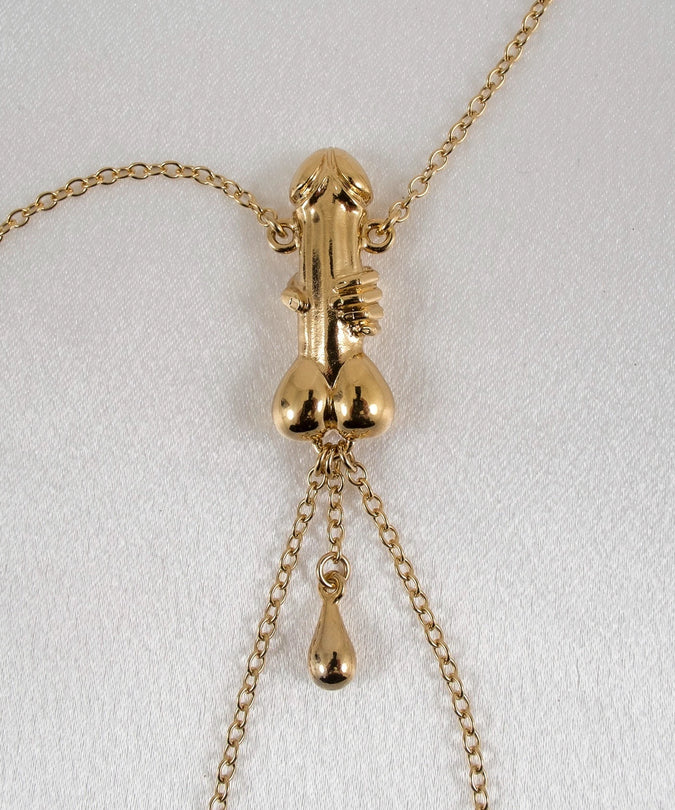 Breast Necklace Penis Sculpture Goud