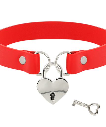 COQUETTE CHIC DESIRE - RED VEGAN LEATHER NECKLACE WITH HEART ACCESSORY WITH KEY