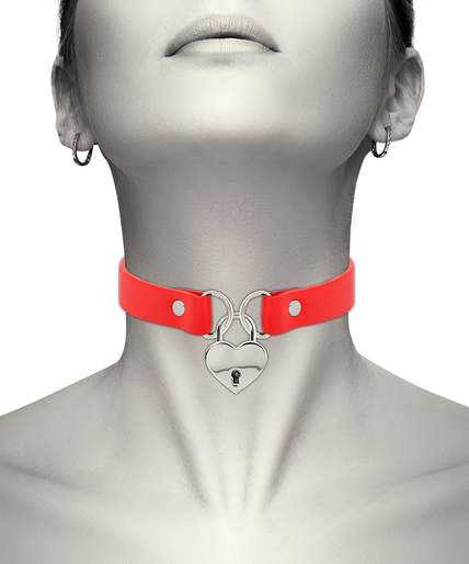 COQUETTE CHIC DESIRE - RED VEGAN LEATHER NECKLACE WITH HEART ACCESSORY WITH KEY
