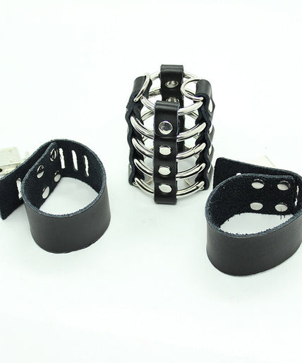 OHMAMA FETISH - PENIS CAGE WITH METAL RINGS AND LEATHER STRAPS