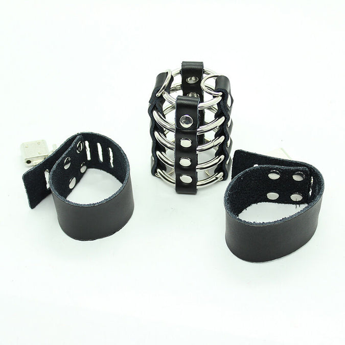 Ohmama Fetish – Penis Cage with Metal Rings and Leather Straps