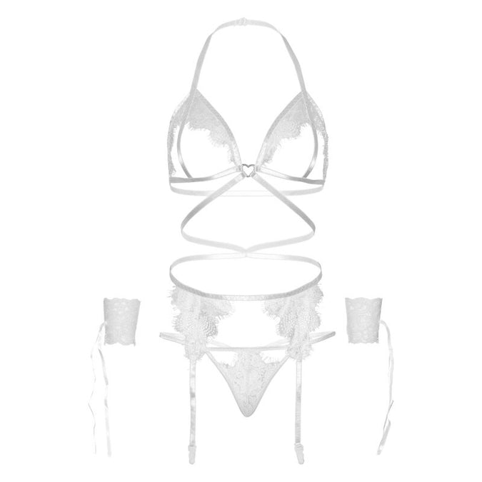 Leg Avenue – Set van vier stuks: beha, G-string, jarretelriem en polsboeien, één maat – wit