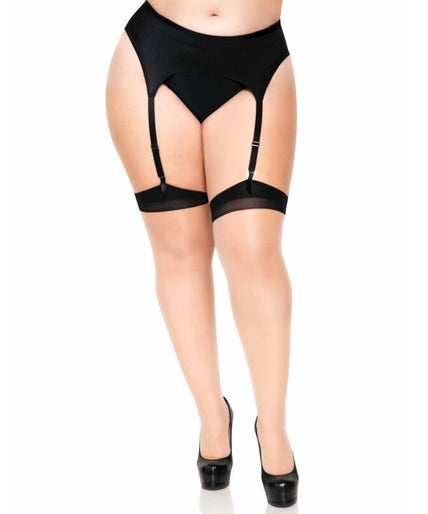 LEG AVENUE - PLUS LYCRA DOORZICHTIGE 2-KLEURIGE JARRETELKOUSEN MET NAAD ACHTEROP EN CUBAN HEEL
