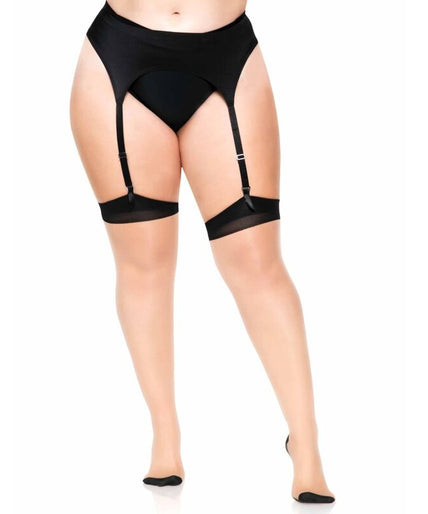 LEG AVENUE - PLUS LYCRA DOORZICHTIGE 2-KLEURIGE JARRETELKOUSEN MET NAAD ACHTEROP EN CUBAN HEEL