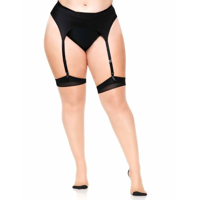 Leg Avenue – Plus Lycra doorschijnende dijhoge kousen met tweekleurig ontwerp, naad aan de achterkant en Cubaanse hiel