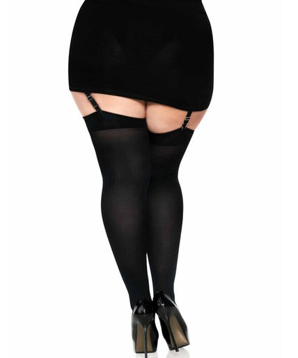 LEG AVENUE - ZWARTE NYLON DIJKOUSEN MET ZWARTE STRIK PLUS SIZE