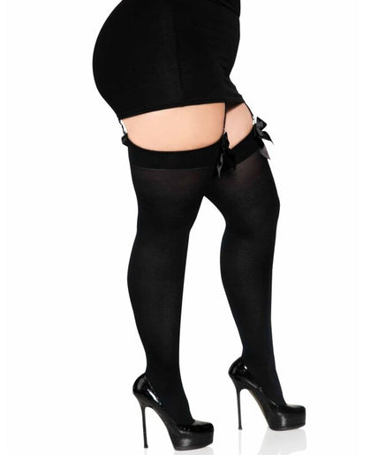 LEG AVENUE - ZWARTE NYLON DIJKOUSEN MET ZWARTE STRIK PLUS SIZE