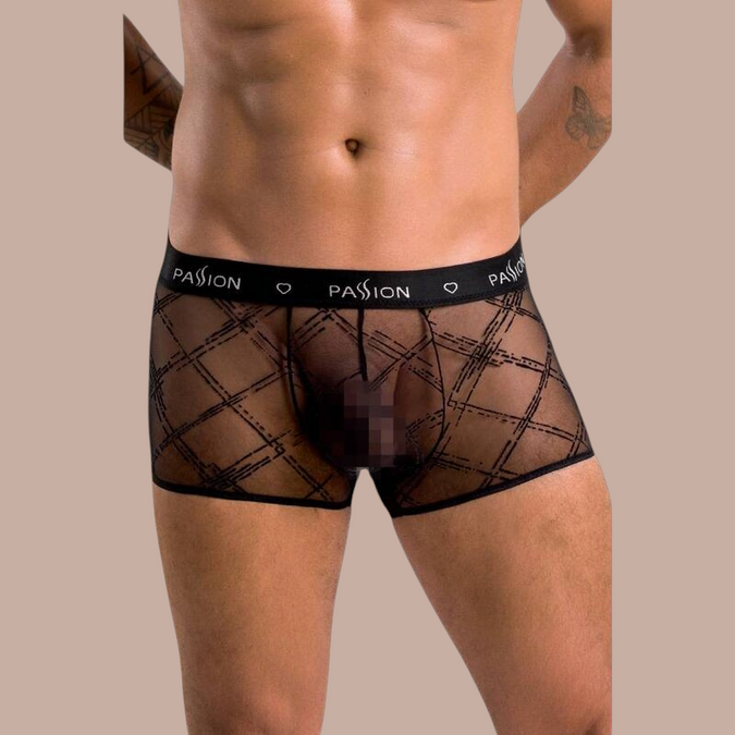 Pleasurements Passion 032 Shorts James in zwart met transparant ruitpatroon en elastische tailleband