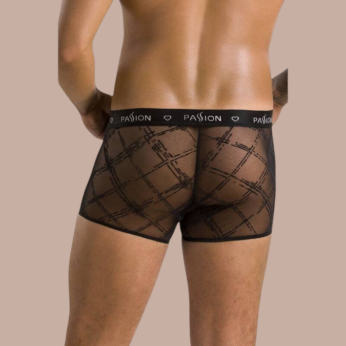 Pleasurements Passion zwarte herenshorts met transparant ruitpatroon en elastische tailleband met merklogo