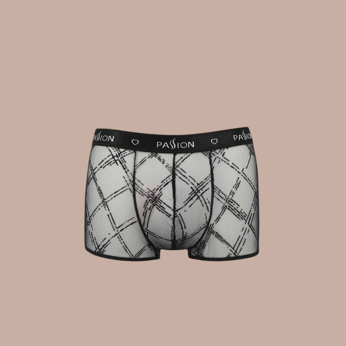 Pleasurements Passion 032 Shorts James in zwart met een transparant ruitpatroon en een elastische tailleband.