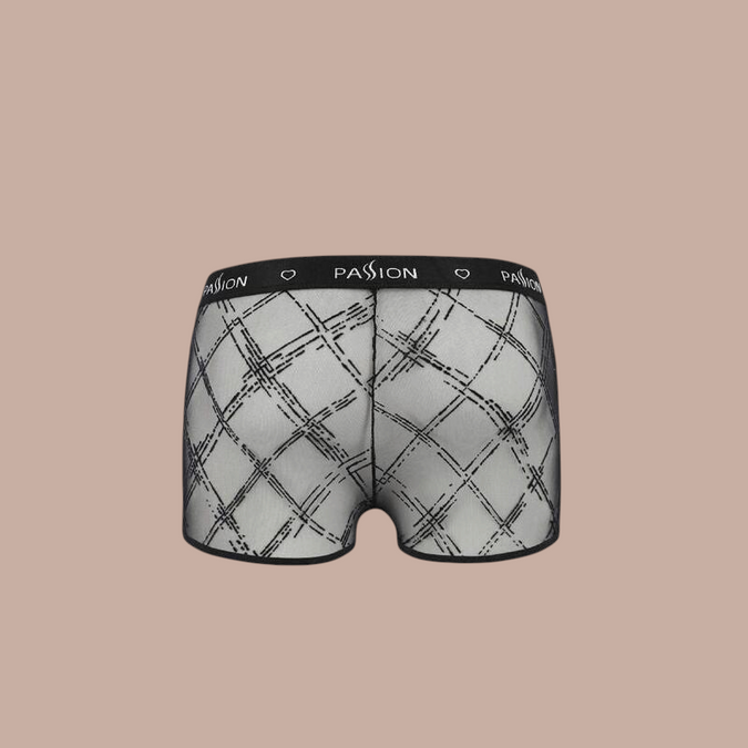 Pleasurements Passion 032 Shorts James in zwart met een transparant ruitpatroon en elastische tailleband met logo.