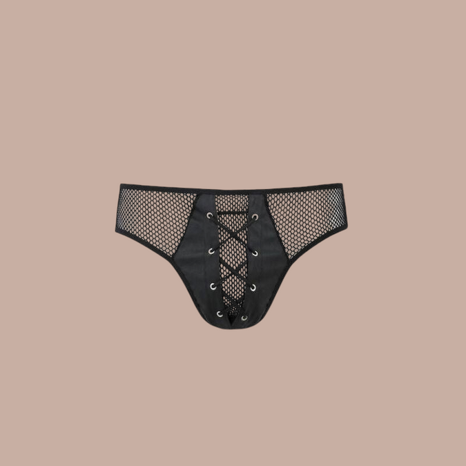 Pleasurements Passion 035 Slip Richard zwarte herenslip met vetersluiting en mesh details