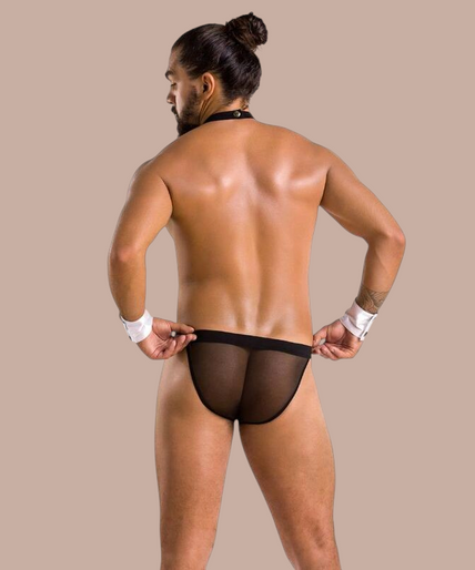 Pleasurements Passion 036 Slip Alfrojo zwarte herenslip met witte accenten, strikje en manchetten voor een sensuele look