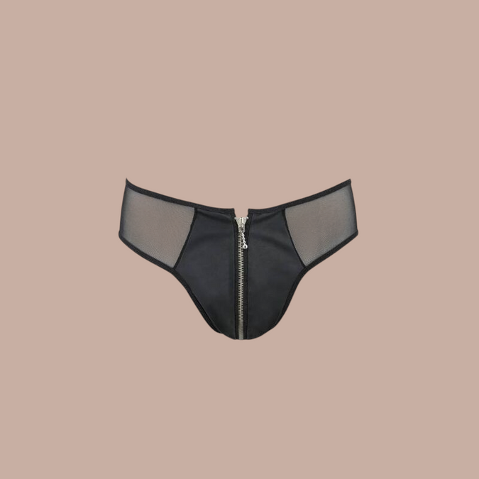 Pleasurements Passion zwarte herenslip met rits en transparante mesh zijpanelen voor een sensuele uitstraling