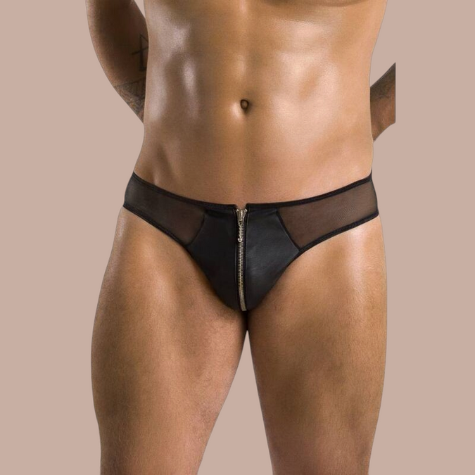 Pleasurements Passion 042 Slip Timmy zwarte herenslip met rits en transparante mesh zijpanelen