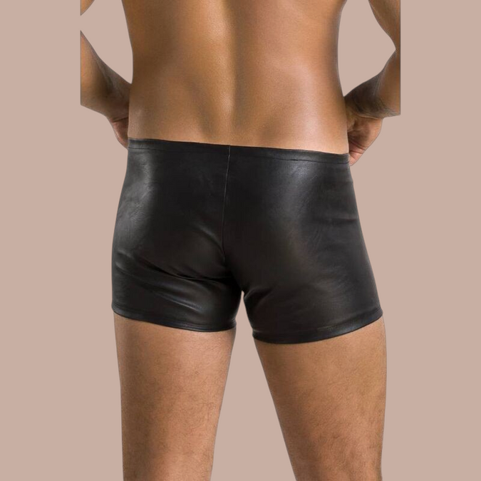 Pleasurements Passion 049 heren shorts in matzwart, gezien vanaf de achterkant voor een stijlvolle pasvorm.