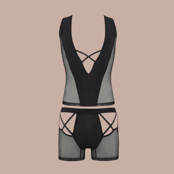 Pleasurements Passion 054 Oscar set in zwart met transparante mesh details en uitgesneden bandjes voor heren
