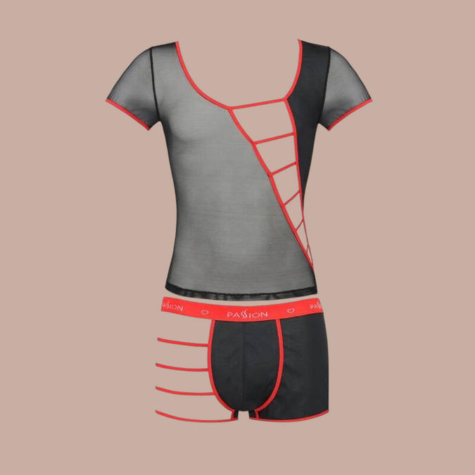 Pleasurements Passion 055 Set Mark herenondergoed set in zwart met rode accenten en doorschijnende mesh details