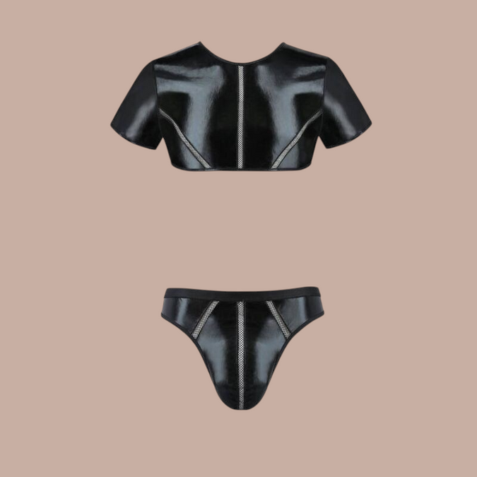 Pleasurements Passion 057 Peter zwarte lingerie set met glanzende afwerking en mesh details voor een sensueel silhouet.