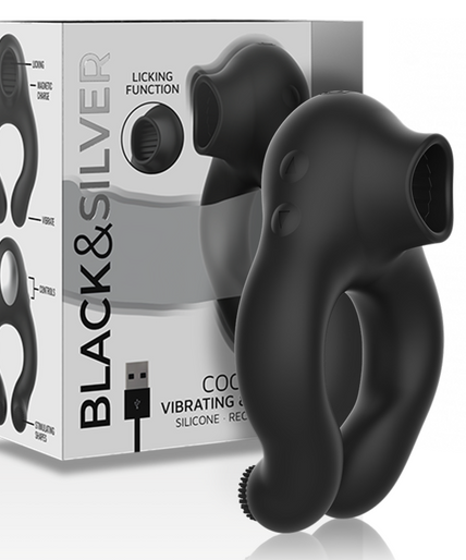 BLACK&SILVER - SILICONE VIBRATOR RING 3 MOTORS RECHARGEABLE BLACK