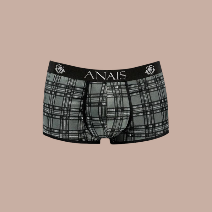 Pleasurements Anais Men Balance boxer in grijs met zwart ruitpatroon en elastische tailleband met logo