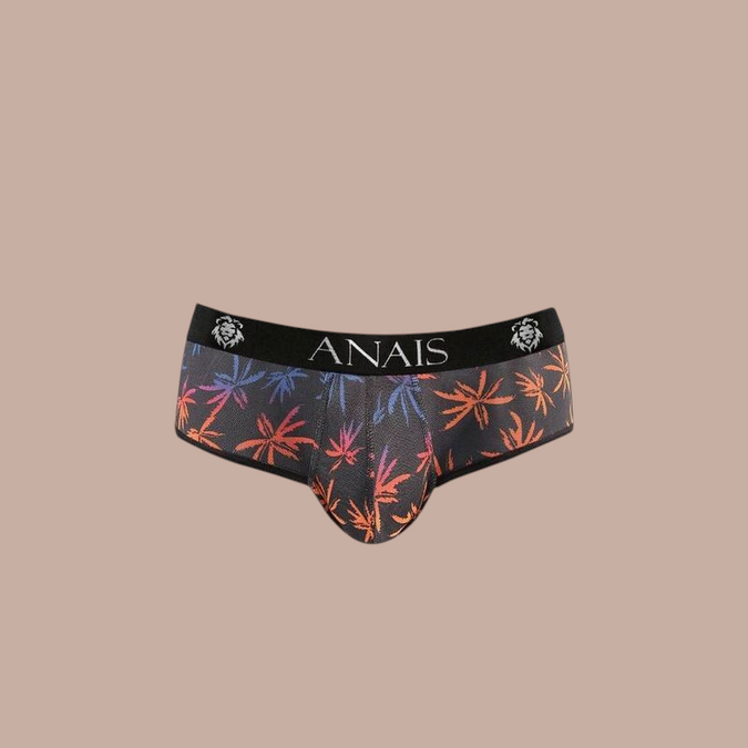 Pleasurements Anais Men Chill Jock Bikini met zwart en kleurrijk palmboompatroon en elastische tailleband met logo