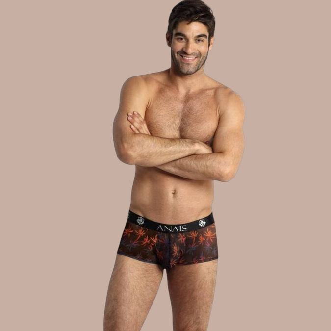 Pleasurements Anais Men Chill boxer met kleurrijk bladerpatroon en zwarte tailleband met merklogo