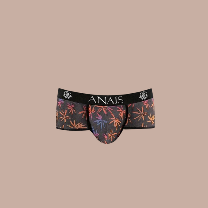 Pleasurements Anais Men Chill boxer brief met zwart design en kleurrijk palmboompatroon en elastische tailleband
