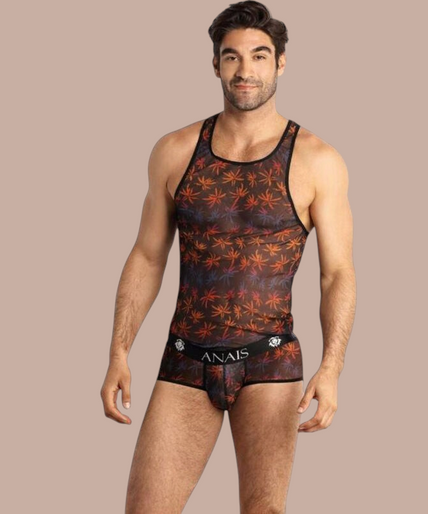 Pleasurements Anais Men Chill Top in doorschijnende stof met kleurrijk bladmotief en zwarte bies