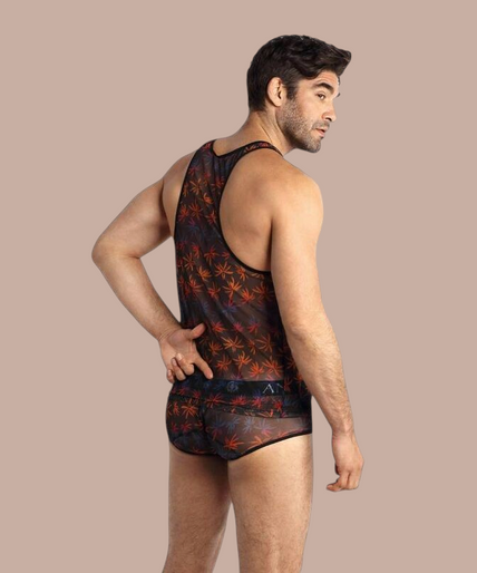Pleasurements Anais Men Chill Top in doorschijnende stof met kleurrijk bladmotief en zwarte bies