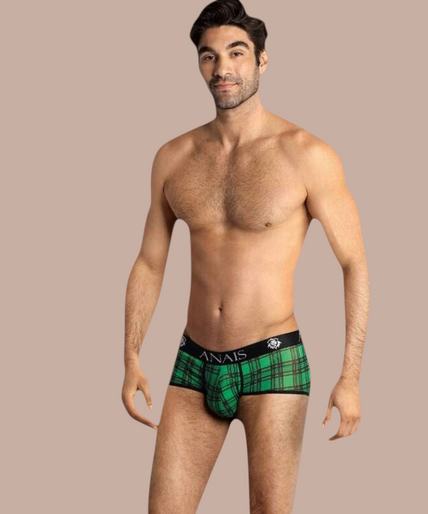 Pleasurements Anais Men Magic Brief in groen met zwart ruitpatroon en elastische tailleband met merklogo