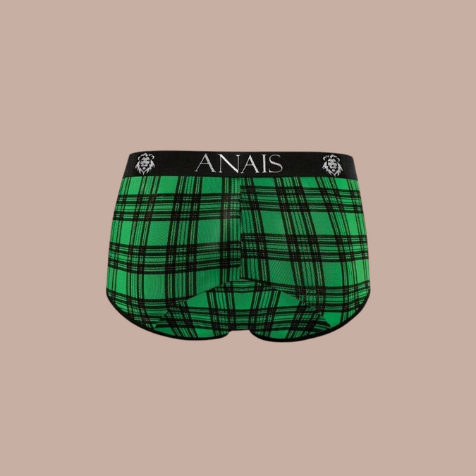 Pleasurements Anais Men Magic Brief in groen met zwart ruitpatroon en elastische tailleband met merklogo