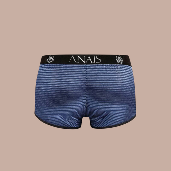 Pleasurements Anais Men Naval boxer in blauw met gestreept patroon en zwarte tailleband met logo