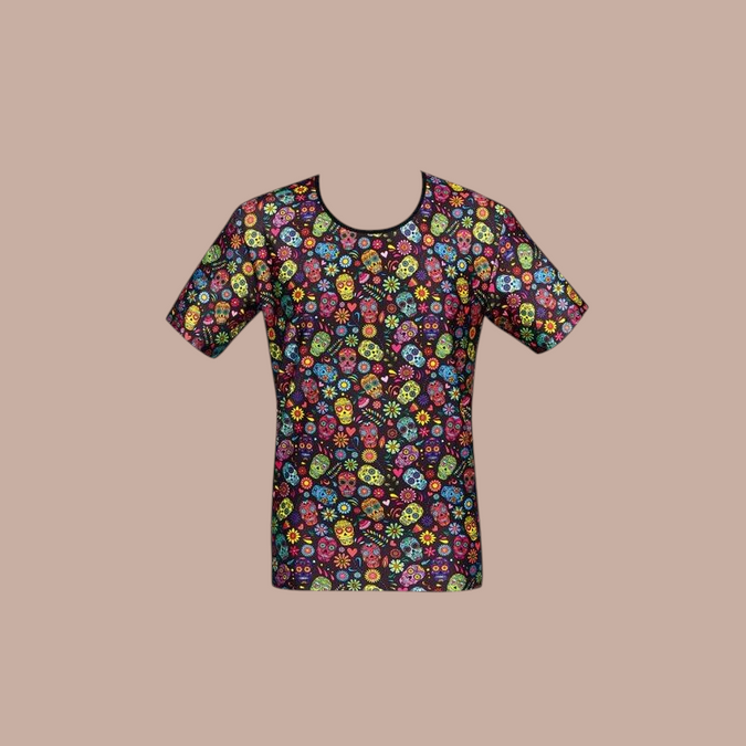 Pleasurements Anais Men Mexico T-shirt met kleurrijk suikerschedelpatroon op een zwarte achtergrond