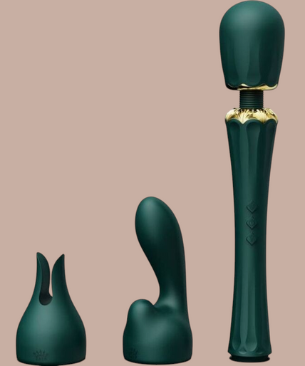 Pleasurements Zalo Kyro groene siliconen wandmassager met gouden details en verwisselbare opzetstukken
