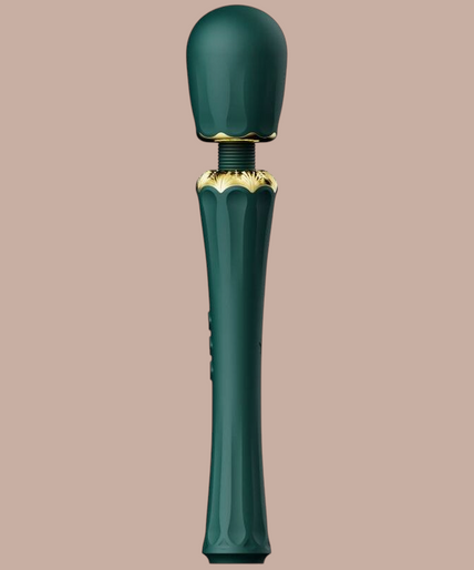 Pleasurements Zalo Kyro groene siliconen wandmassager met gouden details en verwisselbare opzetstukken