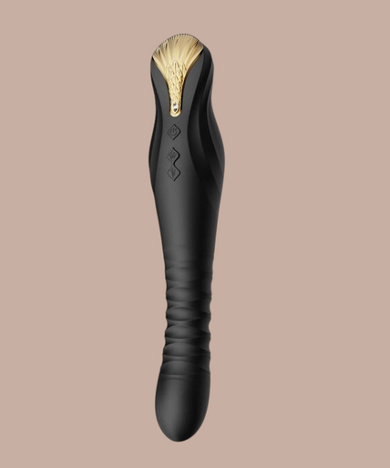 Pleasurements Zalo King Thruster in zwart siliconen met een elegant goudkleurig detail aan de bovenkant.