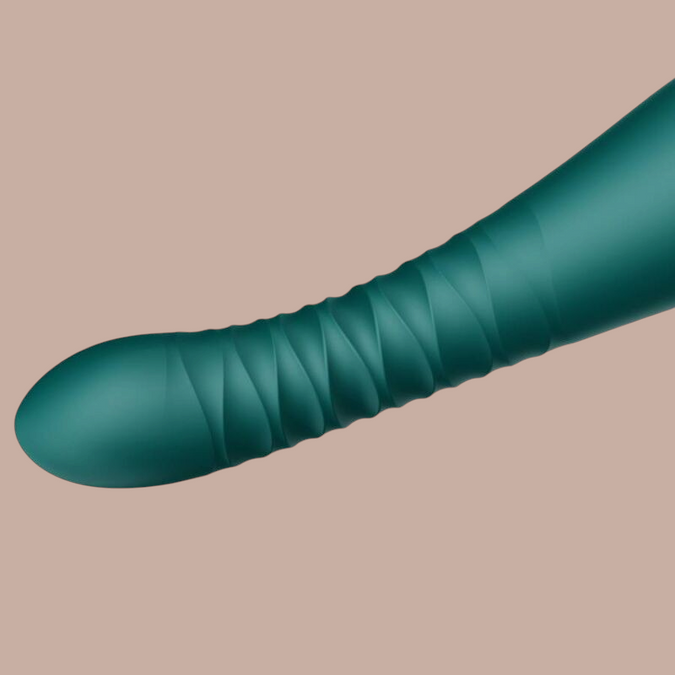 Pleasurements Zalo King Thruster in groen siliconen met een gestructureerd oppervlak voor intiem gebruik.