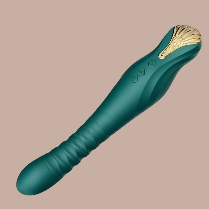 Pleasurements Zalo King Thruster in groen siliconen met gouden accenten en PowerThrust-technologie
