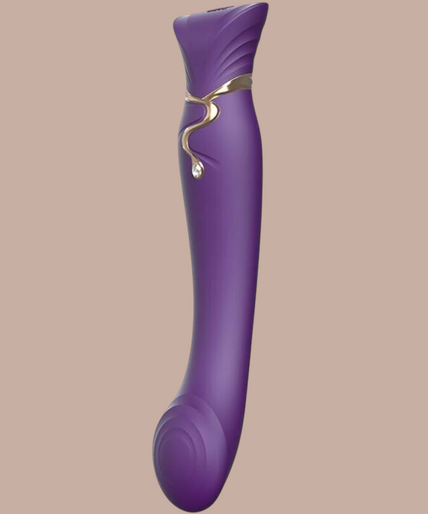 Paarse Zalo Queen G-spot vibrator van Pleasurements met gouden details en een Swarovski kristal in siliconen design.