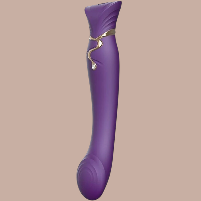 Paarse Zalo Queen G-spot vibrator van Pleasurements met gouden details en een Swarovski kristal in siliconen design.