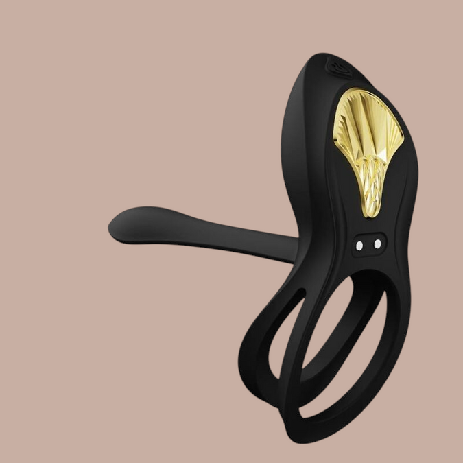 Pleasurements Zalo Bayek zwarte siliconen vibrerende ring voor koppels met gouden accenten