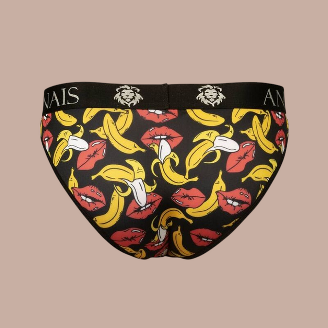Pleasurements Anais Men Banana Slip met opvallende bananen- en lippenprint op zwarte herenonderbroek