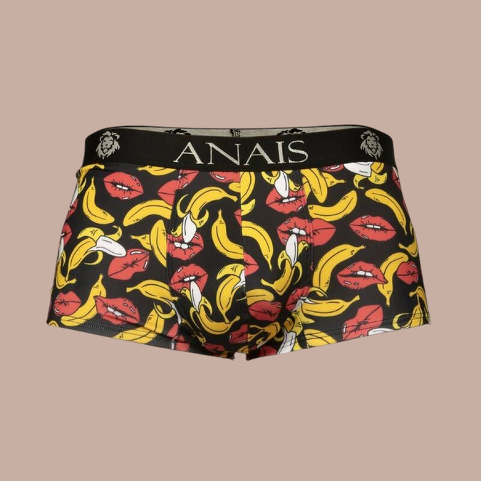 Pleasurements Anais Men Banana Boxer met opvallende bananen- en lippenprint op zwarte onderbroek met merklogo