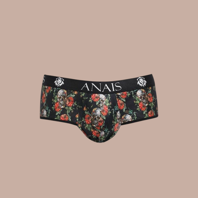 Pleasurements Anais Men Power Jock Bikini met zwarte schedel- en rozenprint en elastische tailleband met logo