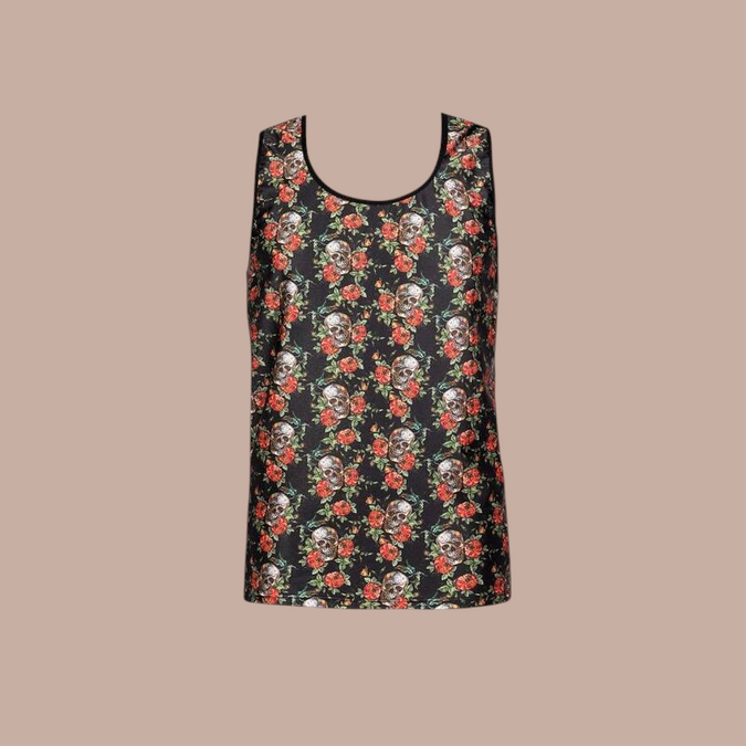 Pleasurements Anais Men Power Top met zwarte ondergrond, schedel- en rozenprint en ronde halslijn.
