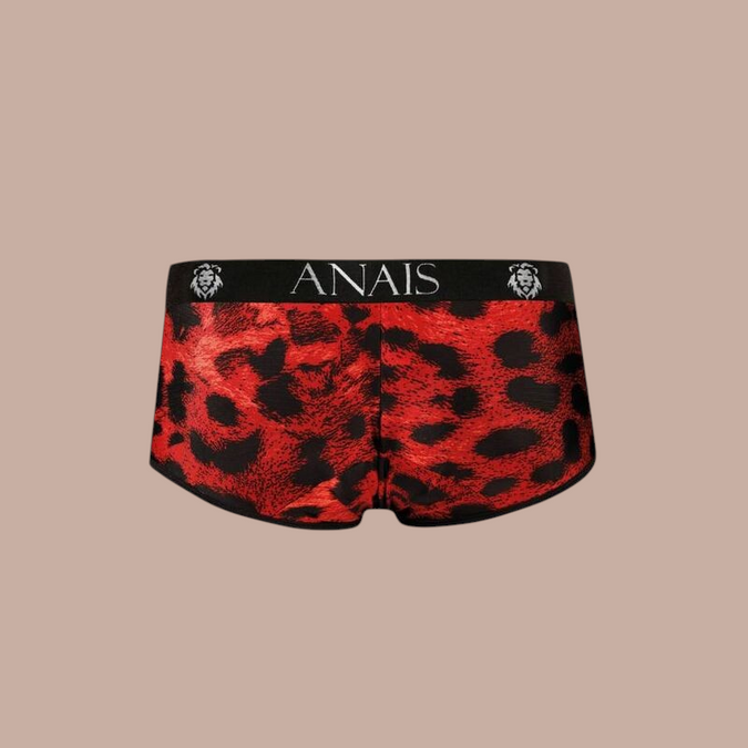 Pleasurements Anais Men Savage Brief met rode en zwarte luipaardprint en zwarte tailleband met merklogo