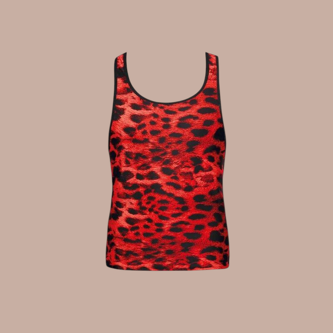 Pleasurements Anais Men Savage top met opvallende rode en zwarte luipaardprint en zwarte biesjes